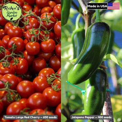 Salsa Garden Duo Set of 1000+ Seeds, Tomato Large Red Cherry, Jalapeno Pepper, Non-GMO, Fast Growing, Easy to Grow for Planting Indoor & Outdoor Gardening