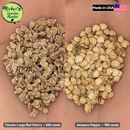 Salsa Garden Duo Set of 1000+ Seeds, Tomato Large Red Cherry, Jalapeno Pepper, Non-GMO, Fast Growing, Easy to Grow for Planting Indoor & Outdoor Gardening